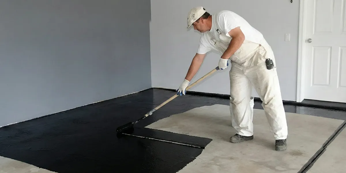 basement waterproofing professional applying waterproof coating to protect a basement floor in Dallas, TX
