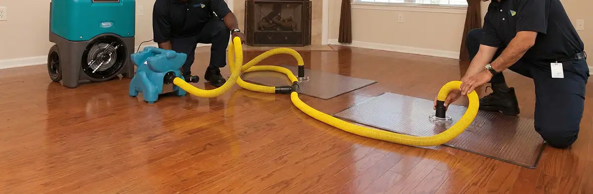 emergency water removal technicians extracting standing water from a home using professional equipment in Dallas, TX