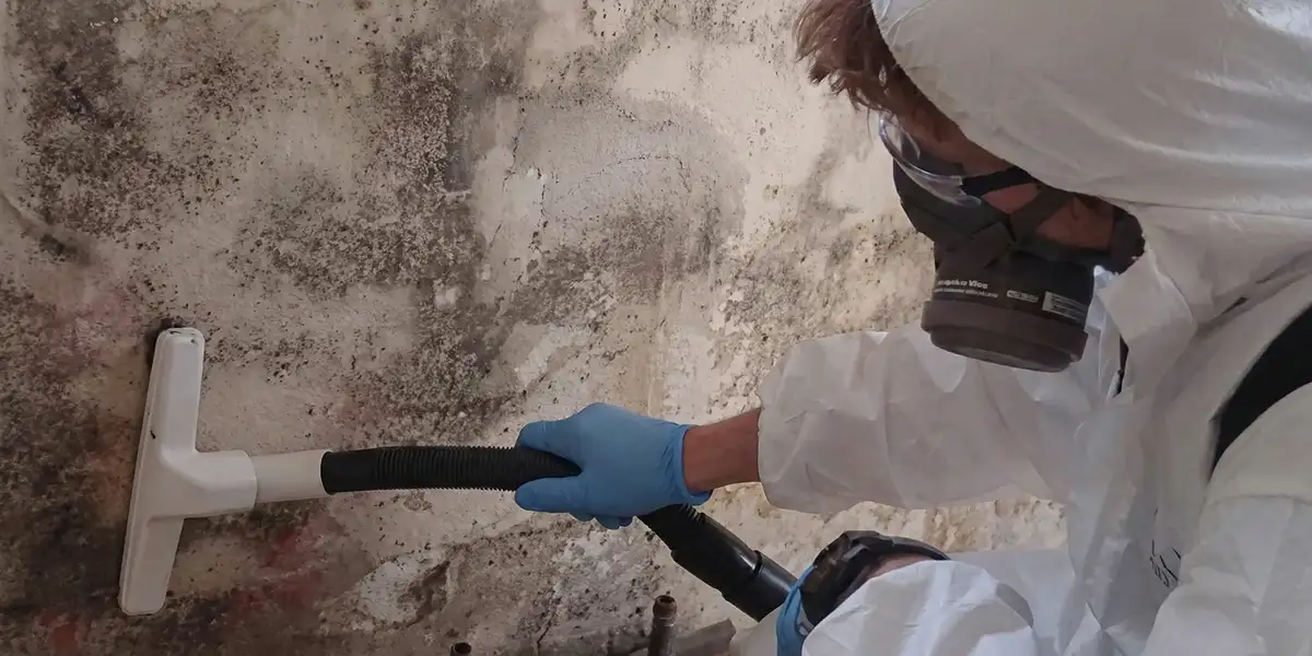 professional mold removal technician wearing protective equipment removing mold from a wall in Dallas, TX